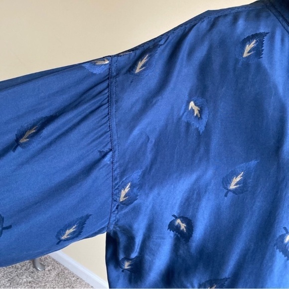 Vintage 90s Silk Bomber Windbreaker Jacket Navy Gold Leaf Print Gorpcore Sz M - Picture 14 of 16